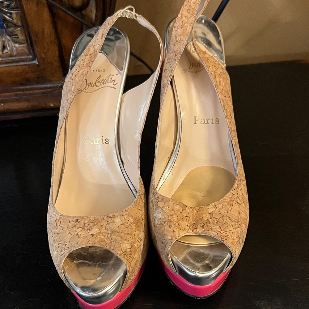 Christian Louboutin Cork Slingback Peep-Toe Pumps with Pink Platform